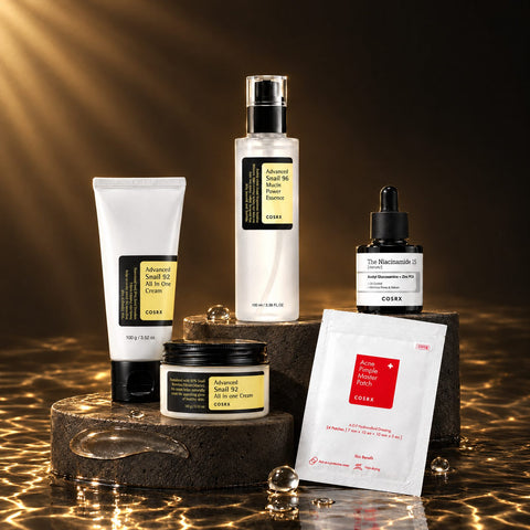 COSRX K-Beauty Hautpflege – Advanced Snail 96 Mucin Power Essence, Snail 92 All in One Cream, Niacinamide 15 Serum und Acne Pimple Master Patch