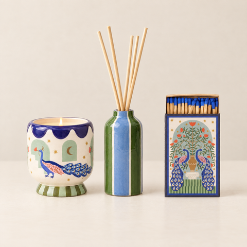 Paddywax Adopo Duft-Trio Peacock – 3-teiliges Geschenkset: Duftkerze, Diffuser & Matches